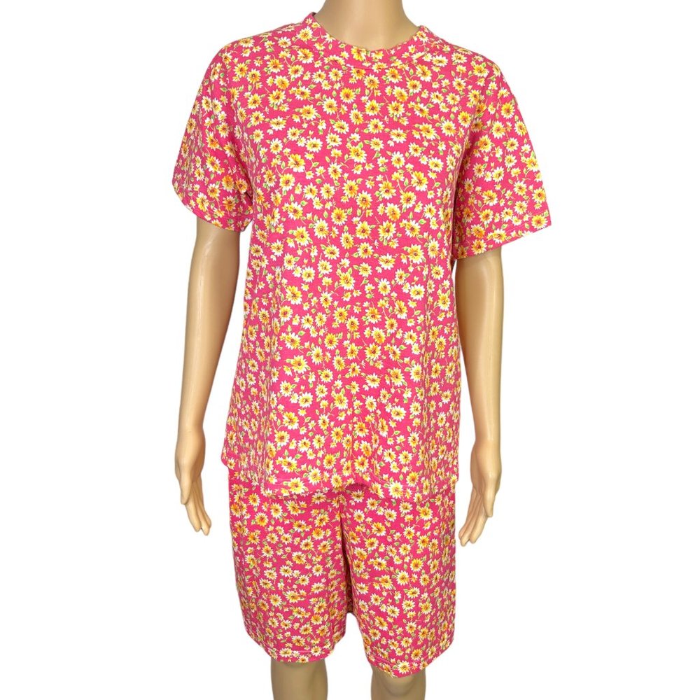 Vintage Originals Womens‎ M Floral Pink Blouse Elastic Waist Shorts Outfit Set